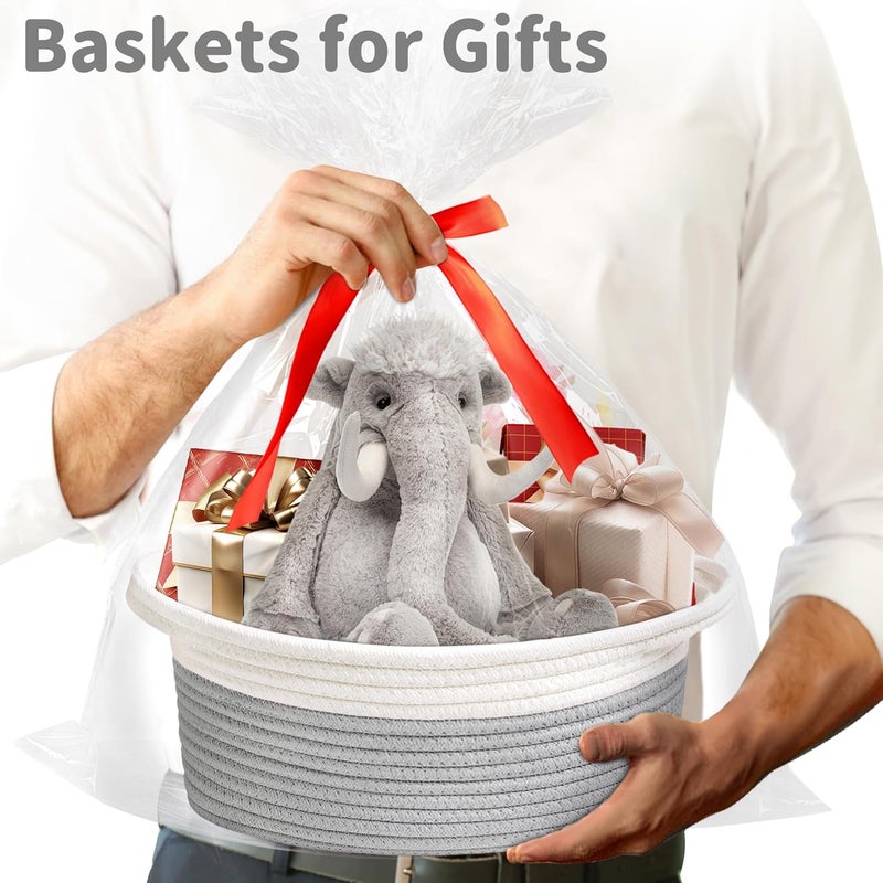 Yeeeasy Small Woven Basket with Gift Bags and Ribbons Cute Baskets for Gifts Empty 12"x8"x5" Small Rope Toy Basket for Babies Baskets for Storage, White & Grey - Image 2